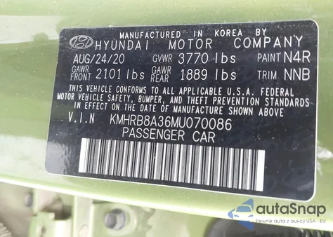 2021 Hyundai Venue Se из США, поврежденный, VIN KMHRB8A36MU070086